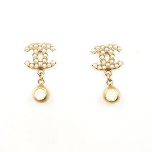 Chanel Vintage Gold Plated CC Pearl Opal Dangle Small Piercing Earrings